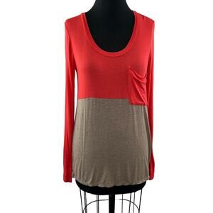 ANTHROPOLOGIE BORDEAUX Orange Brown Colorblock Long Sleeve Tee with Pocket S M ?